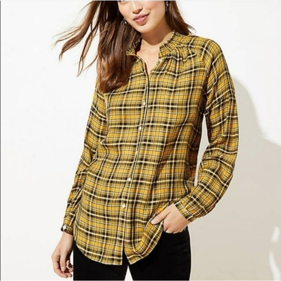 Loft Yellow Black Plaid Button Up Shirt Small Ruffle Neck Fall Tunic Preppy - Picture 1 of 14